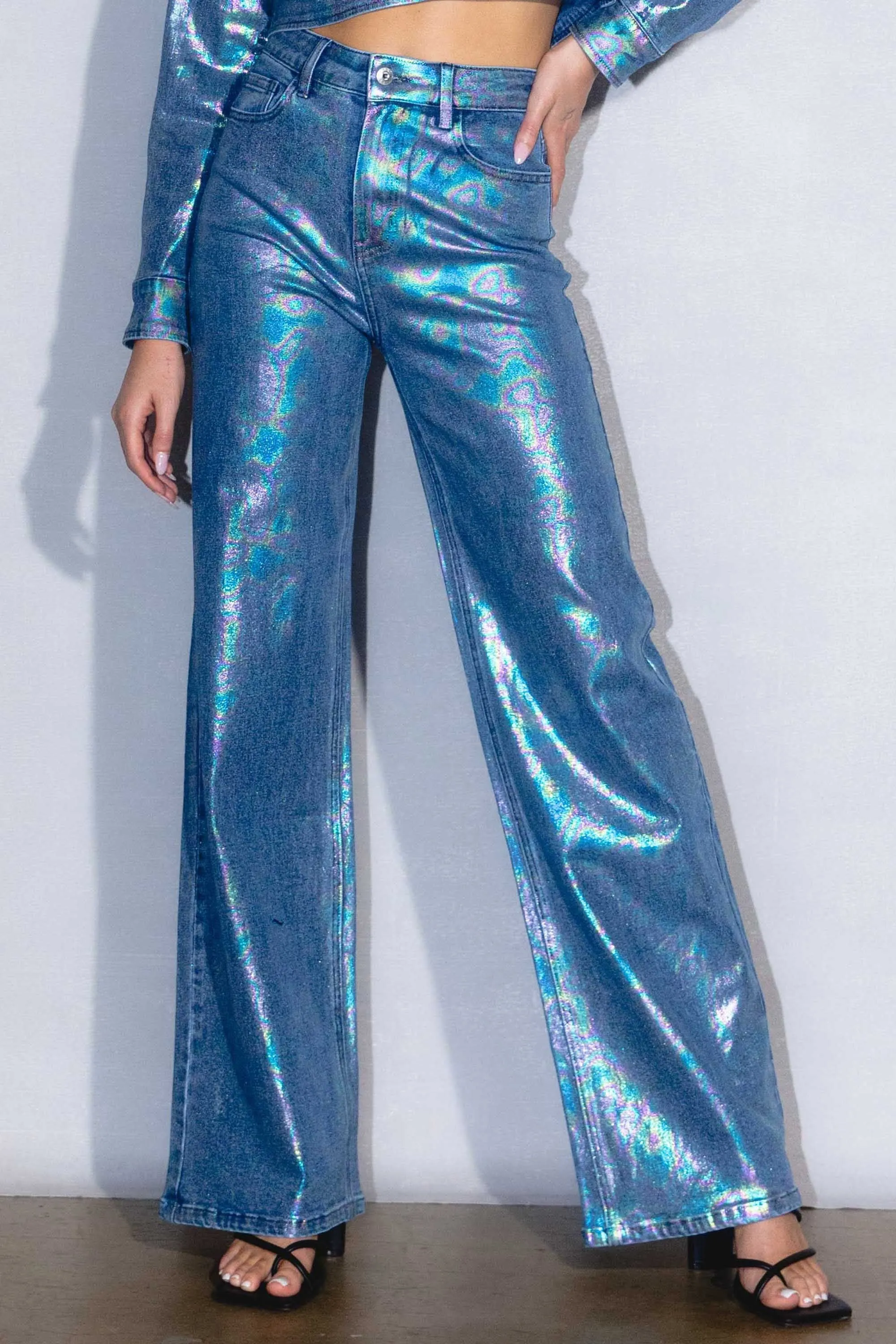 Iridescent Foil High Rise Wide Leg Jeans sold by Vibrant