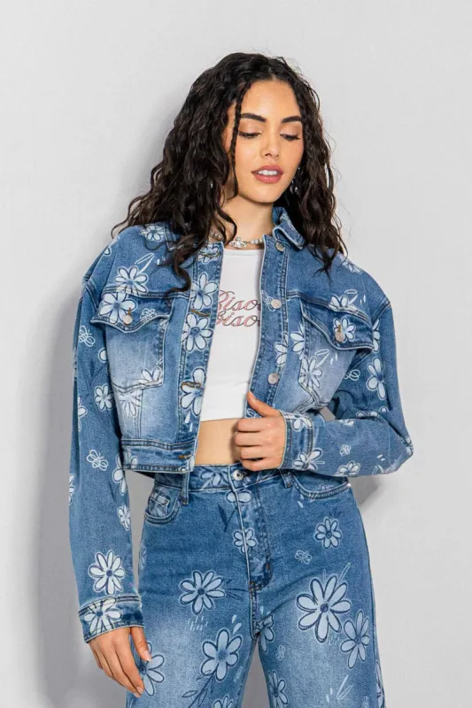 Flower Printed Denim Trucker Jacket sold by Vibrant