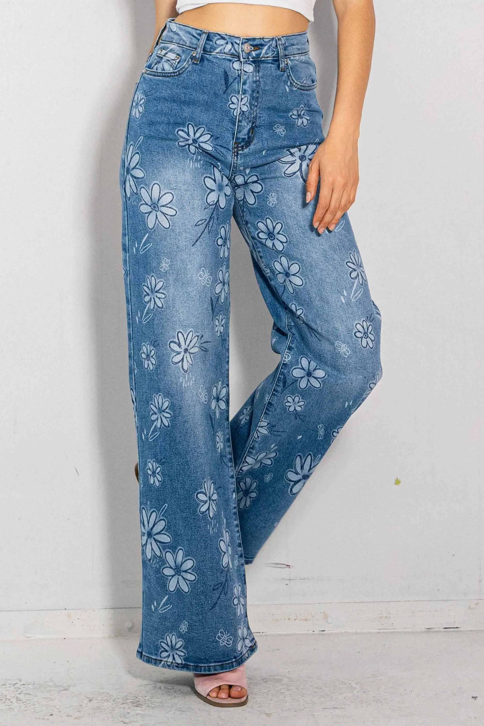 Flower Printed High-Rise Wide leg Jeans sold by Vibrant