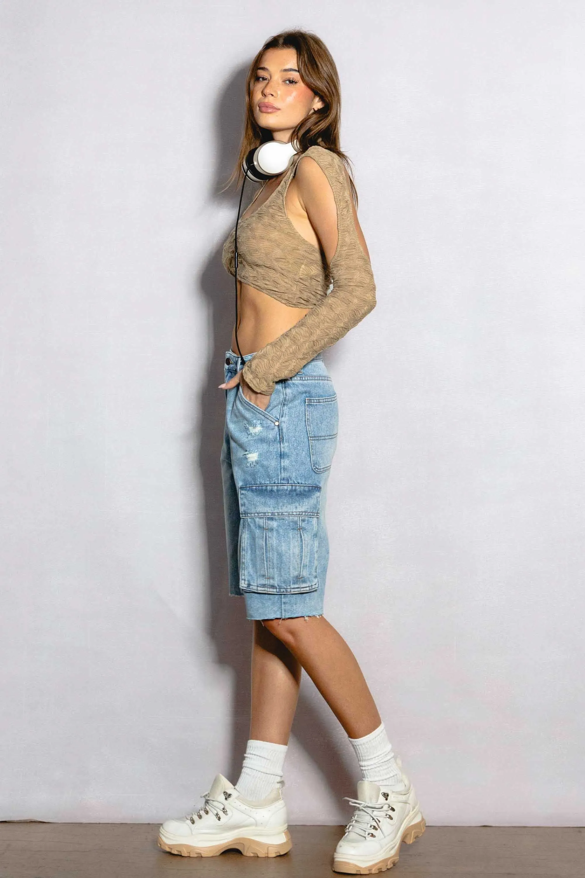 Raw Edge Hem Cargo Pocket Jorts sold by Vibrant product image thumbnail 5