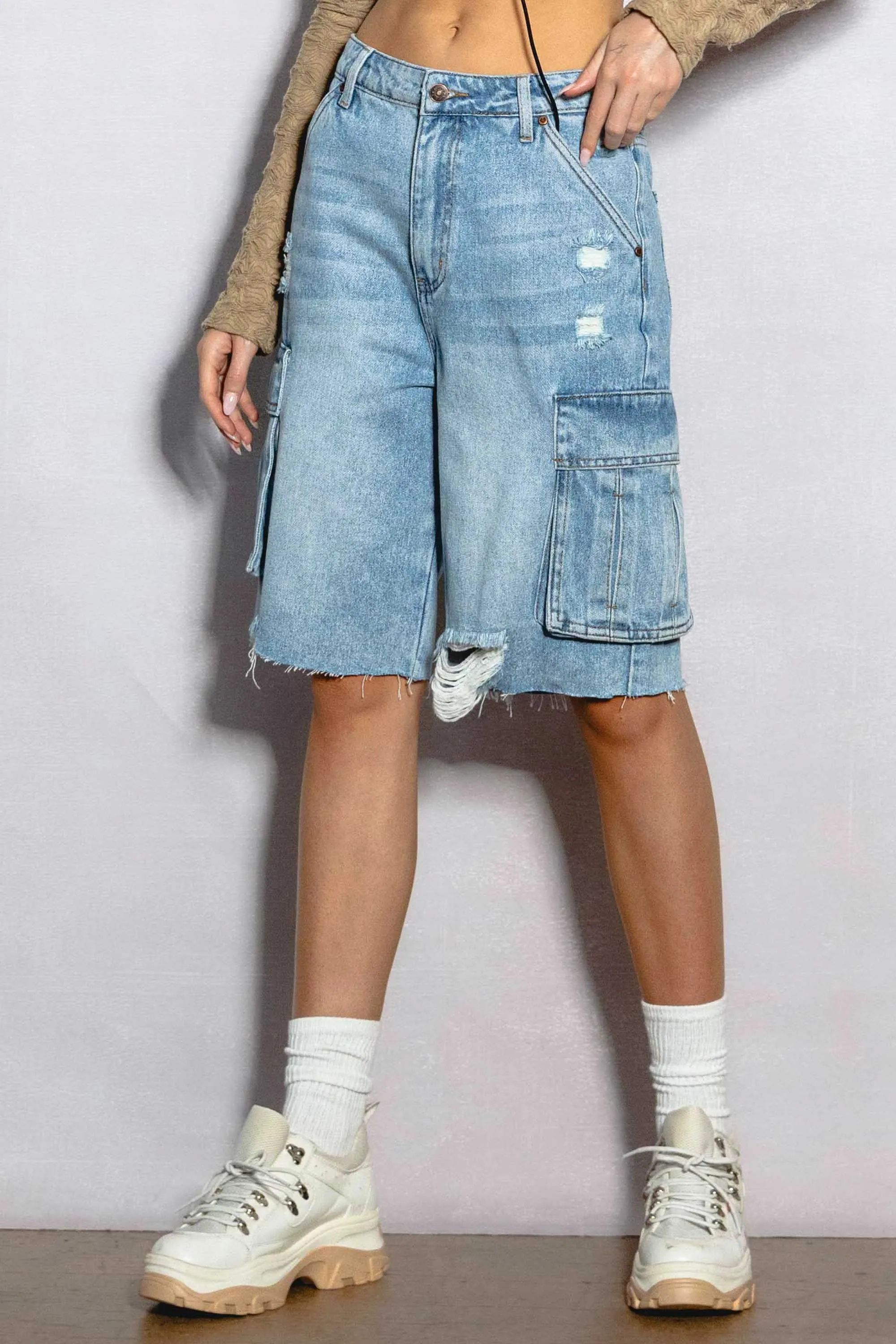 Raw Edge Hem Cargo Pocket Jorts sold by Vibrant product image thumbnail 2