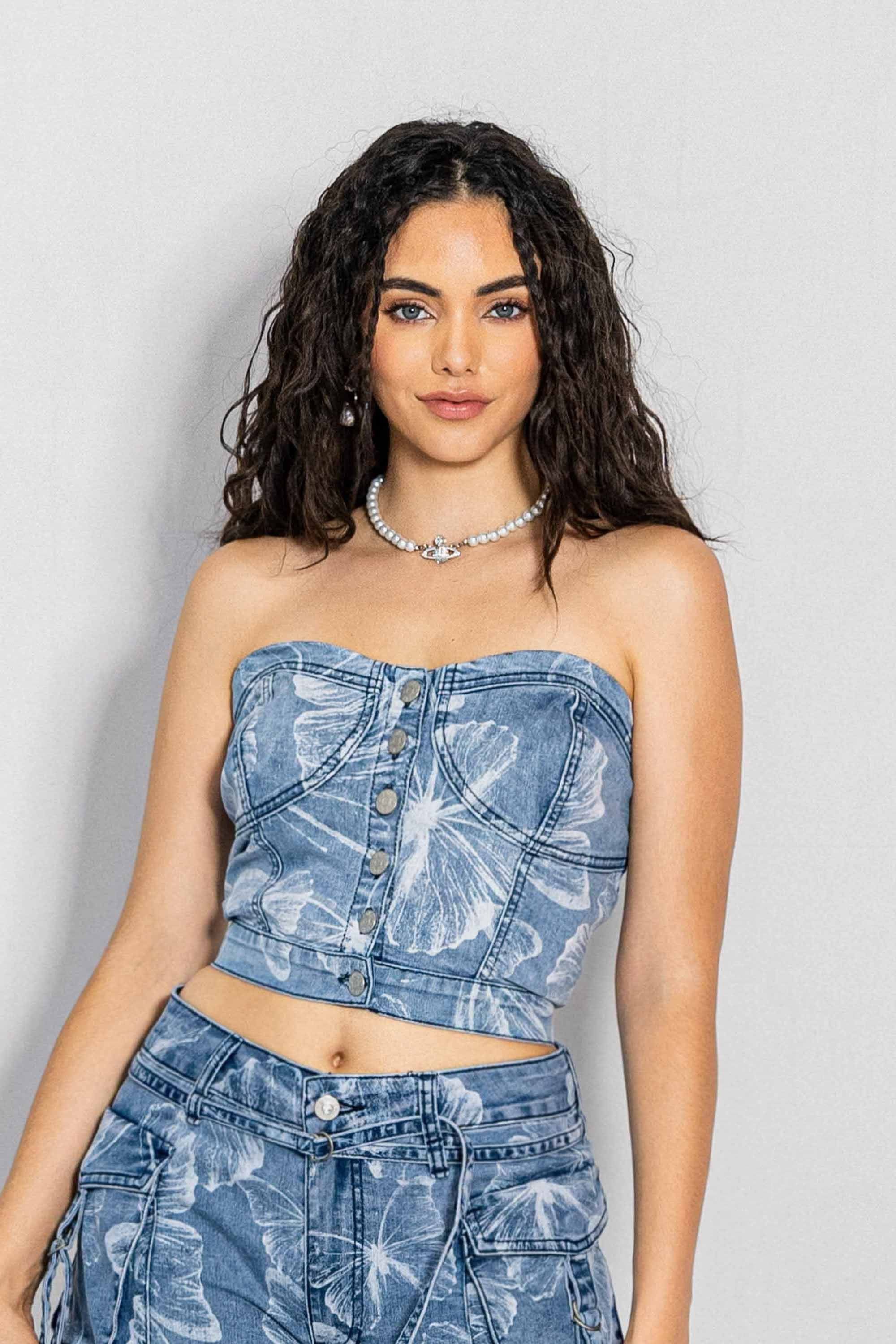 Butterfly Gradient Print Denim Top sold by Vibrant