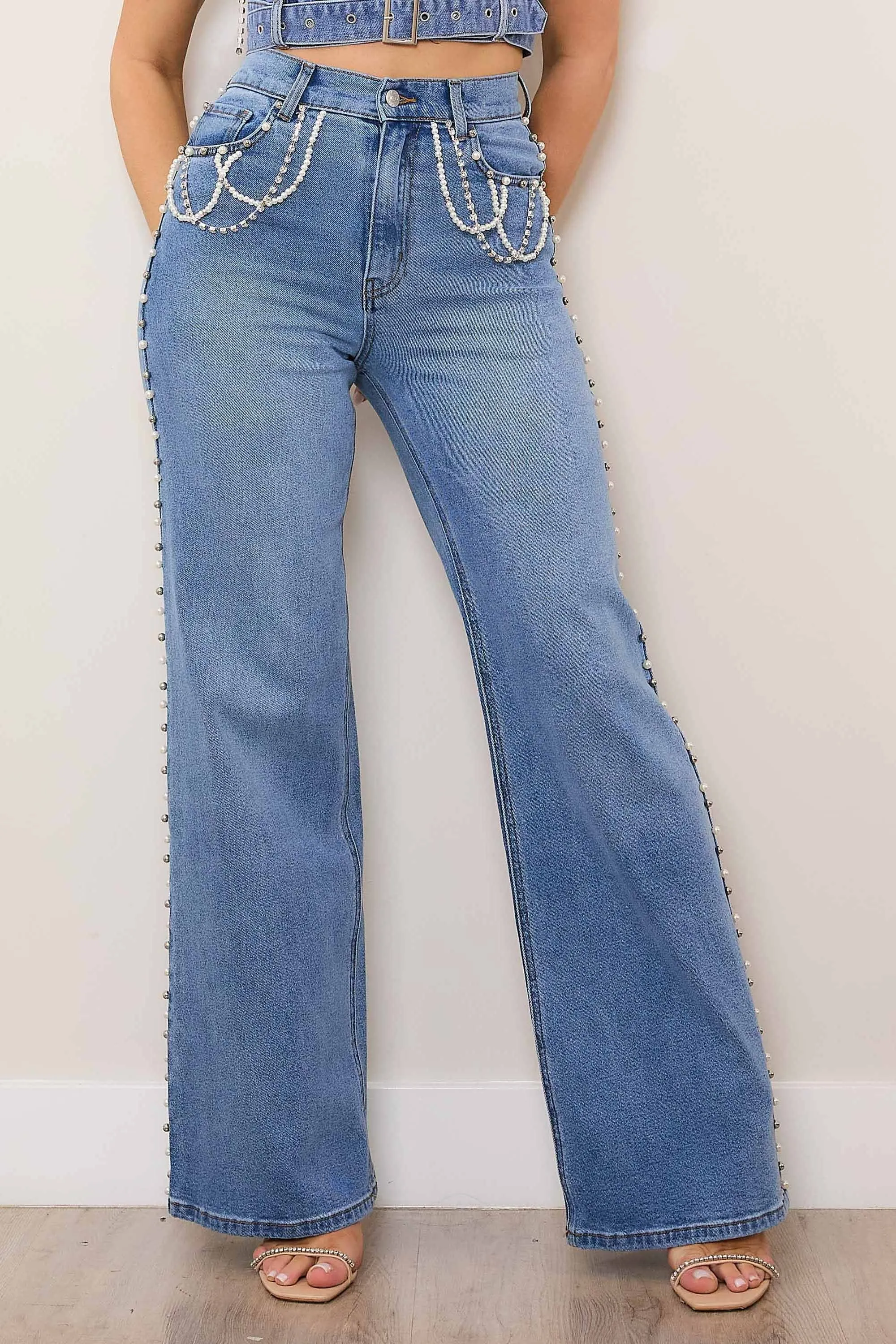 Tear Drop Rhinestone Wide Leg Jeans sold by Vibrant