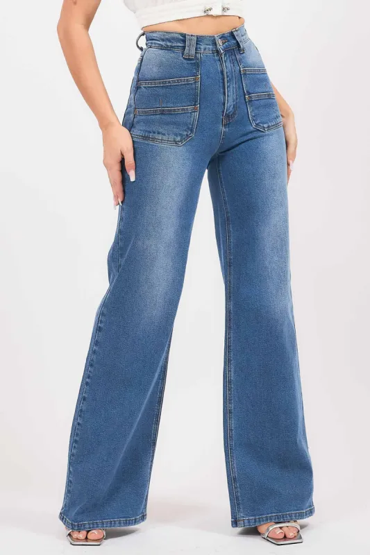 High-Rise Double Pocket Wide Leg Jeans sold by Vibrant