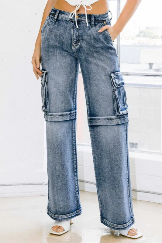 Mid-waisted Cargo Wide Leg Jeans sold by Vibrant