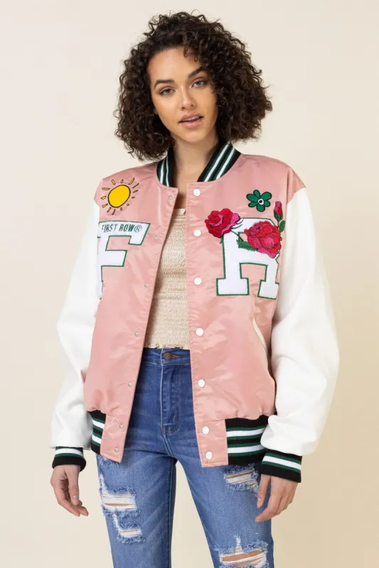 Rose & Sun Character Pink Varsity Jacket sold by Vibrant