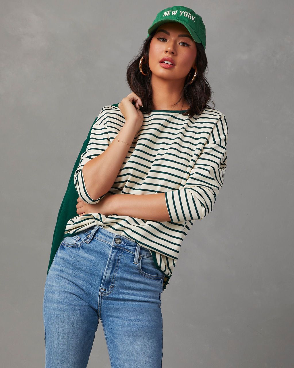 Francine Stripe Knit Long Sleeve Top - Hunter Green/White - SALE sold by Vici