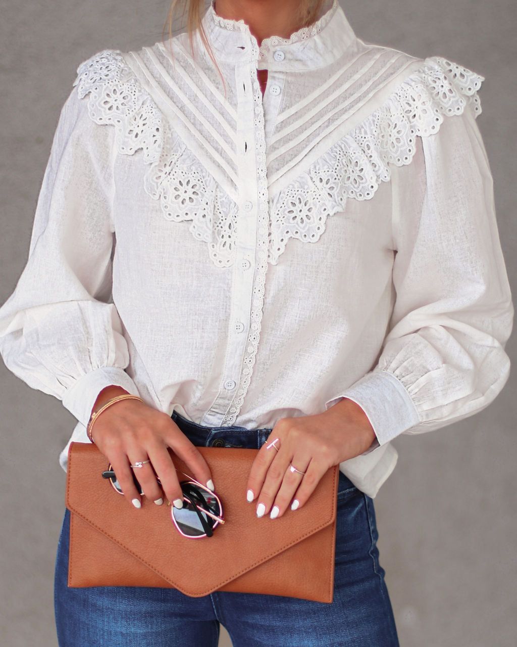 Jaelynn Eyelet Cotton Linen Blend Top sold by Vici