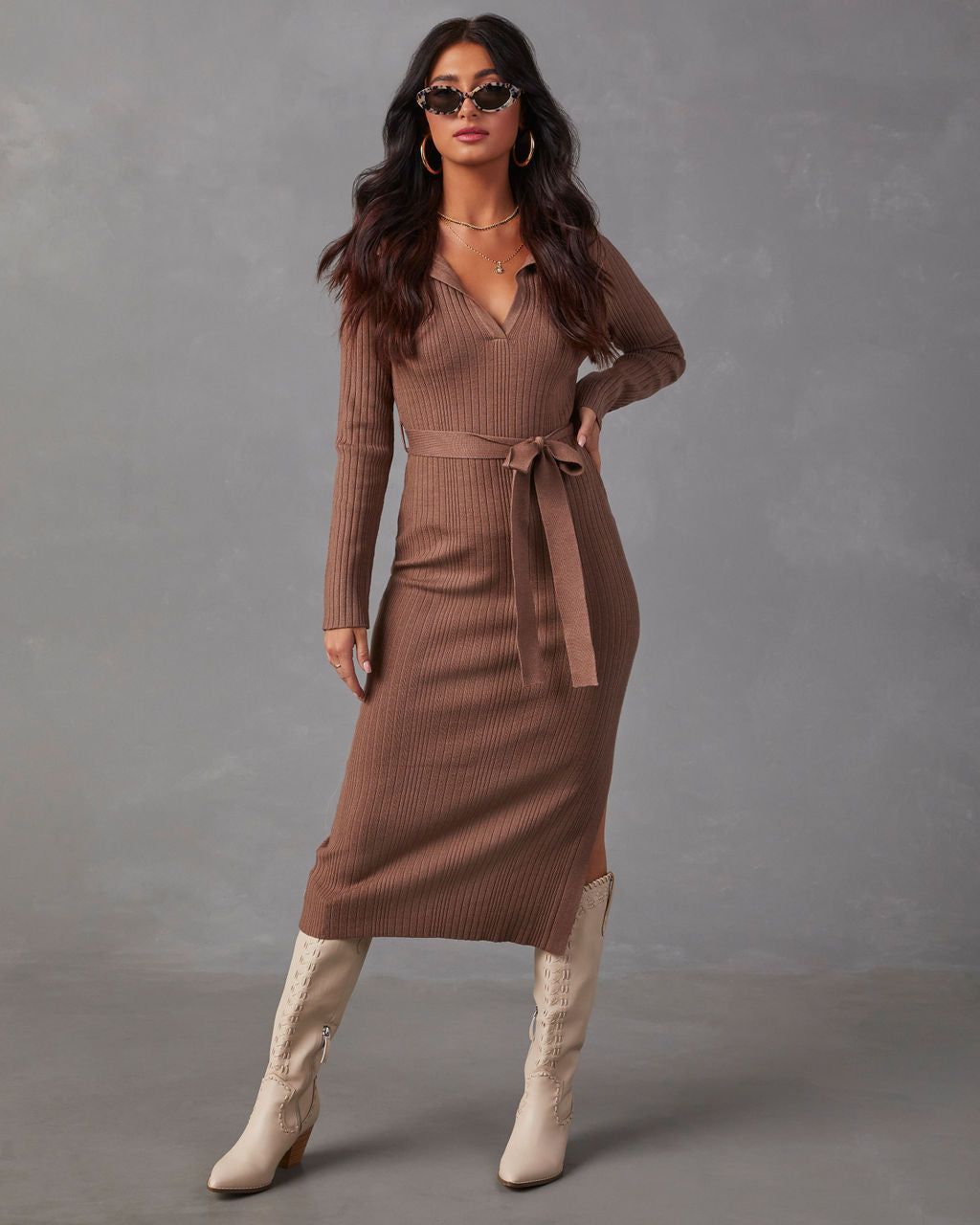 Asmara Tie Waist Midi Sweater Dress - Brown sold by Vici product image thumbnail 3
