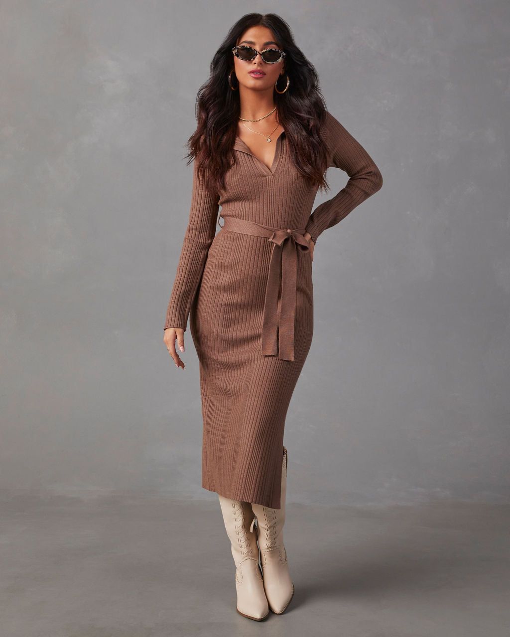Asmara Tie Waist Midi Sweater Dress - Brown sold by Vici product image thumbnail 6
