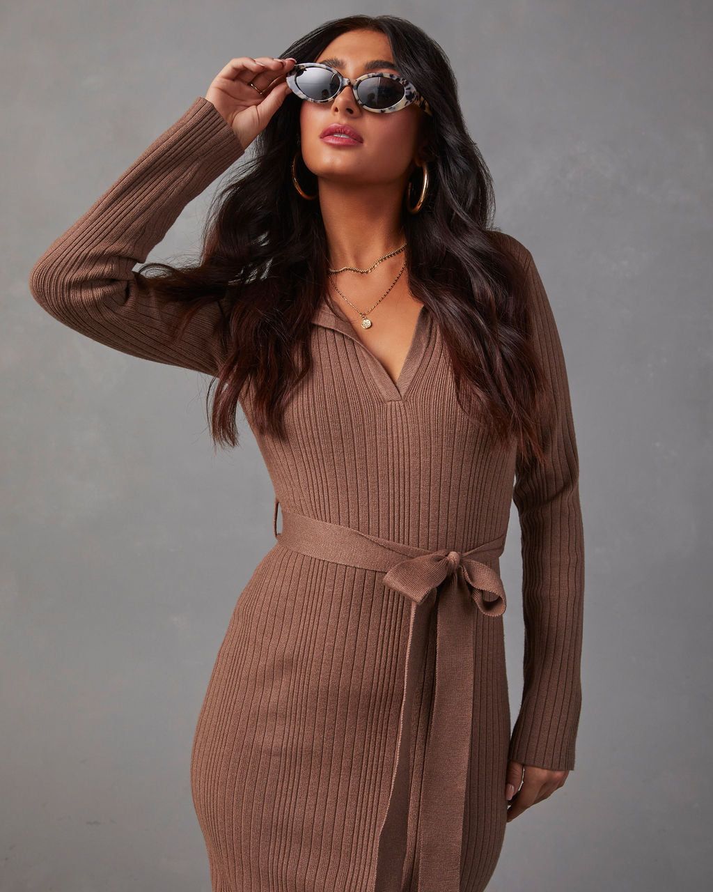 Asmara Tie Waist Midi Sweater Dress - Brown sold by Vici product image thumbnail 5