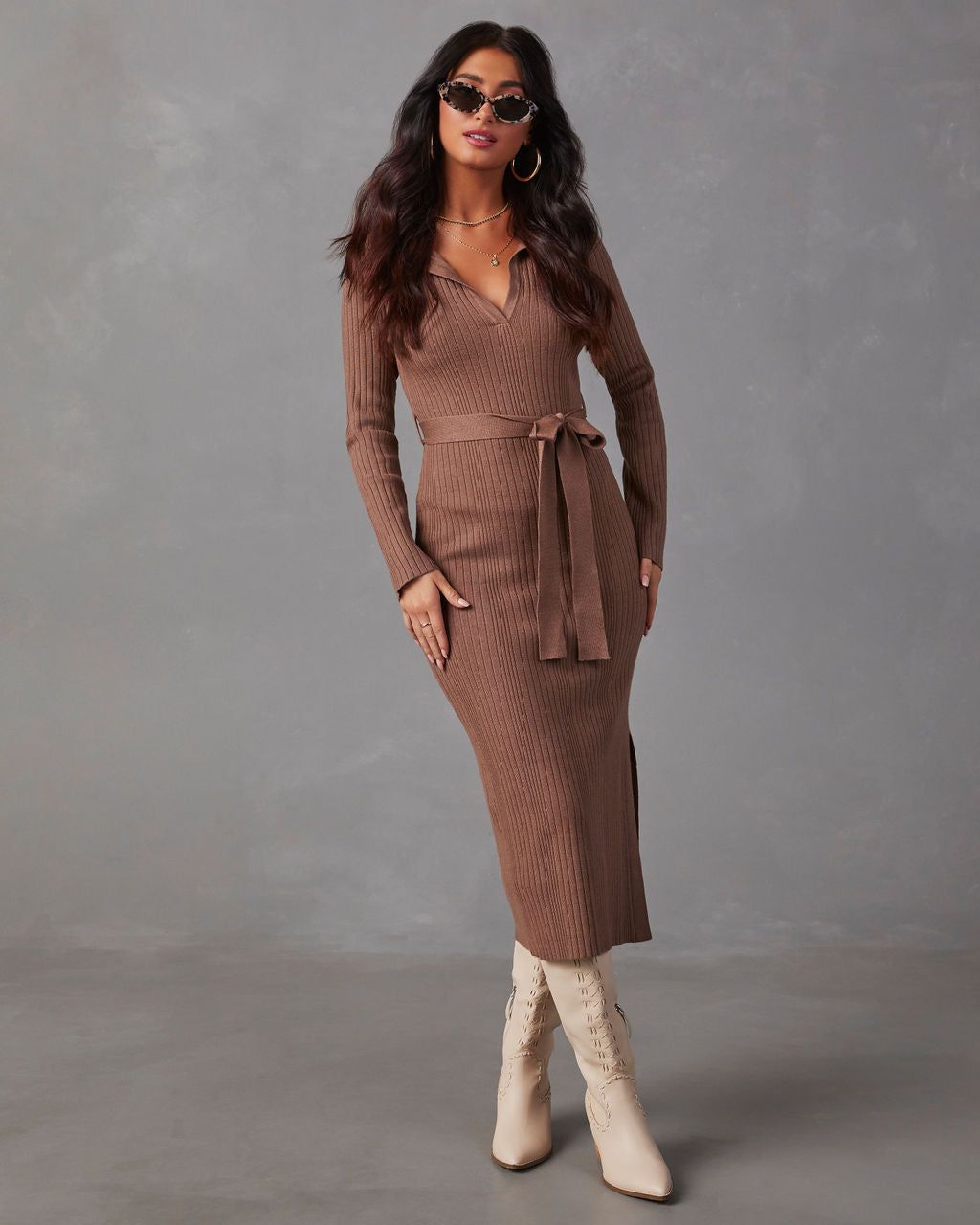 Asmara Tie Waist Midi Sweater Dress - Brown sold by Vici