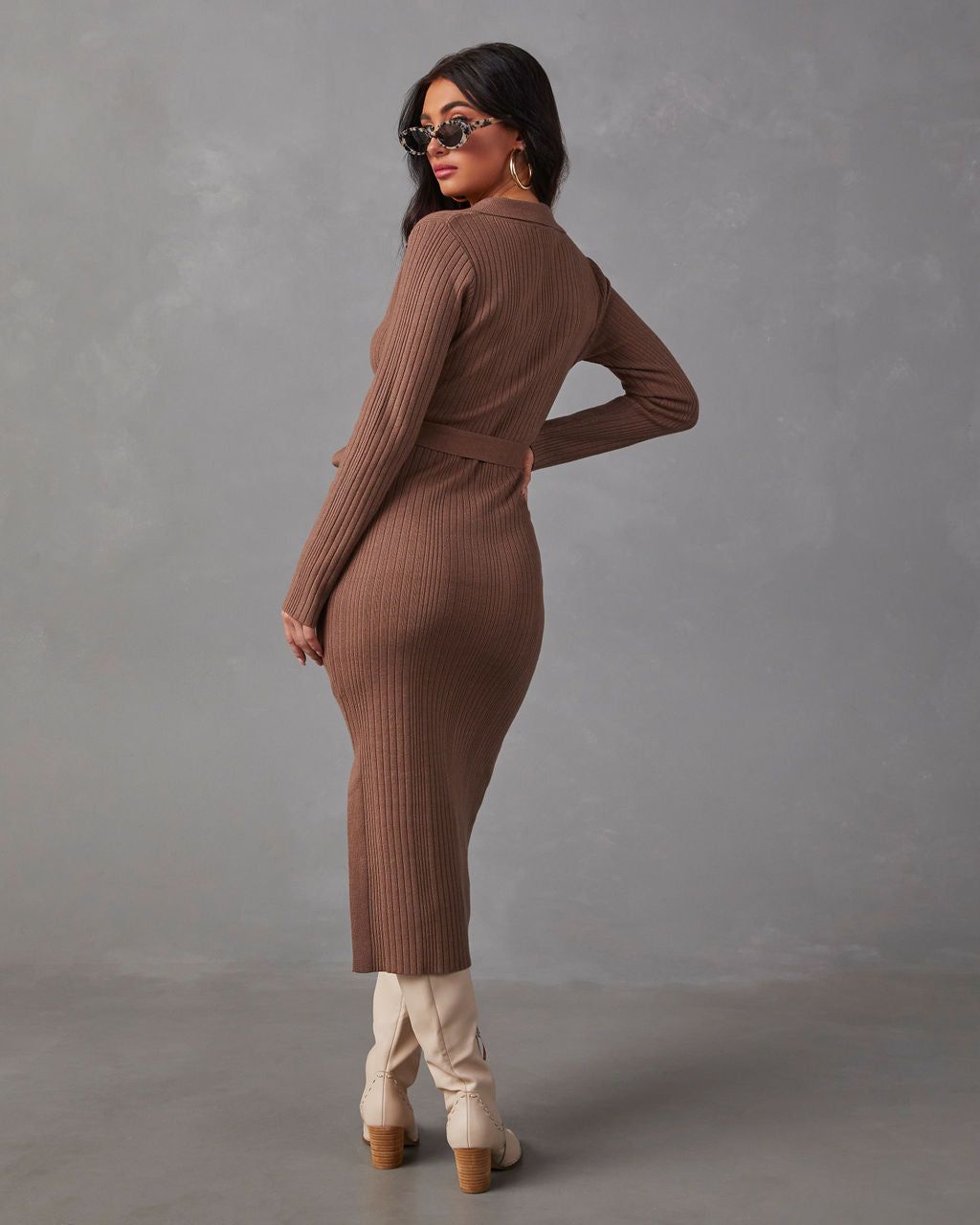 Asmara Tie Waist Midi Sweater Dress - Brown sold by Vici product image thumbnail 4