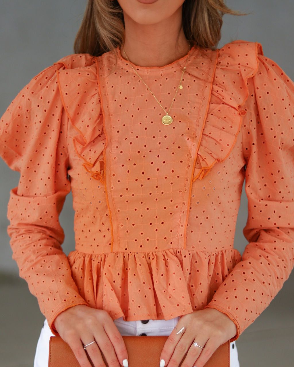 Dustin Eyelet Ruffle Puff Sleeve Top - Light Terracotta - FINAL SALE sold by Vici product image thumbnail 2