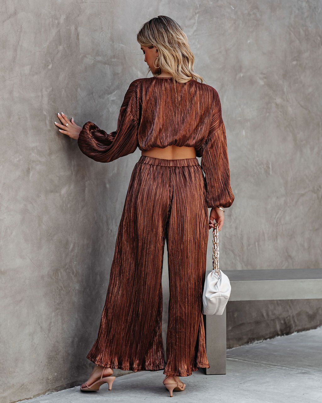 Kiyara Pocketed High Rise Shimmer Plisse Pants - FINAL SALE sold by Vici product image thumbnail 2