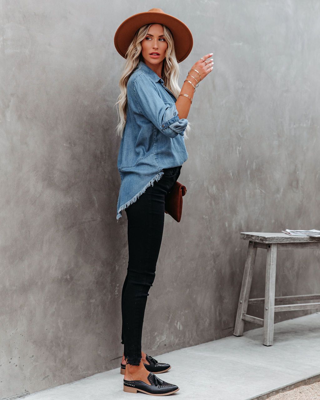 Au Courant Tencel Button Down Frayed Top - Medium Wash - FINAL SALE sold by Vici product image thumbnail 10