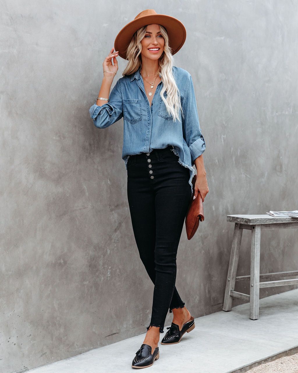 Au Courant Tencel Button Down Frayed Top - Medium Wash - FINAL SALE sold by Vici product image thumbnail 7