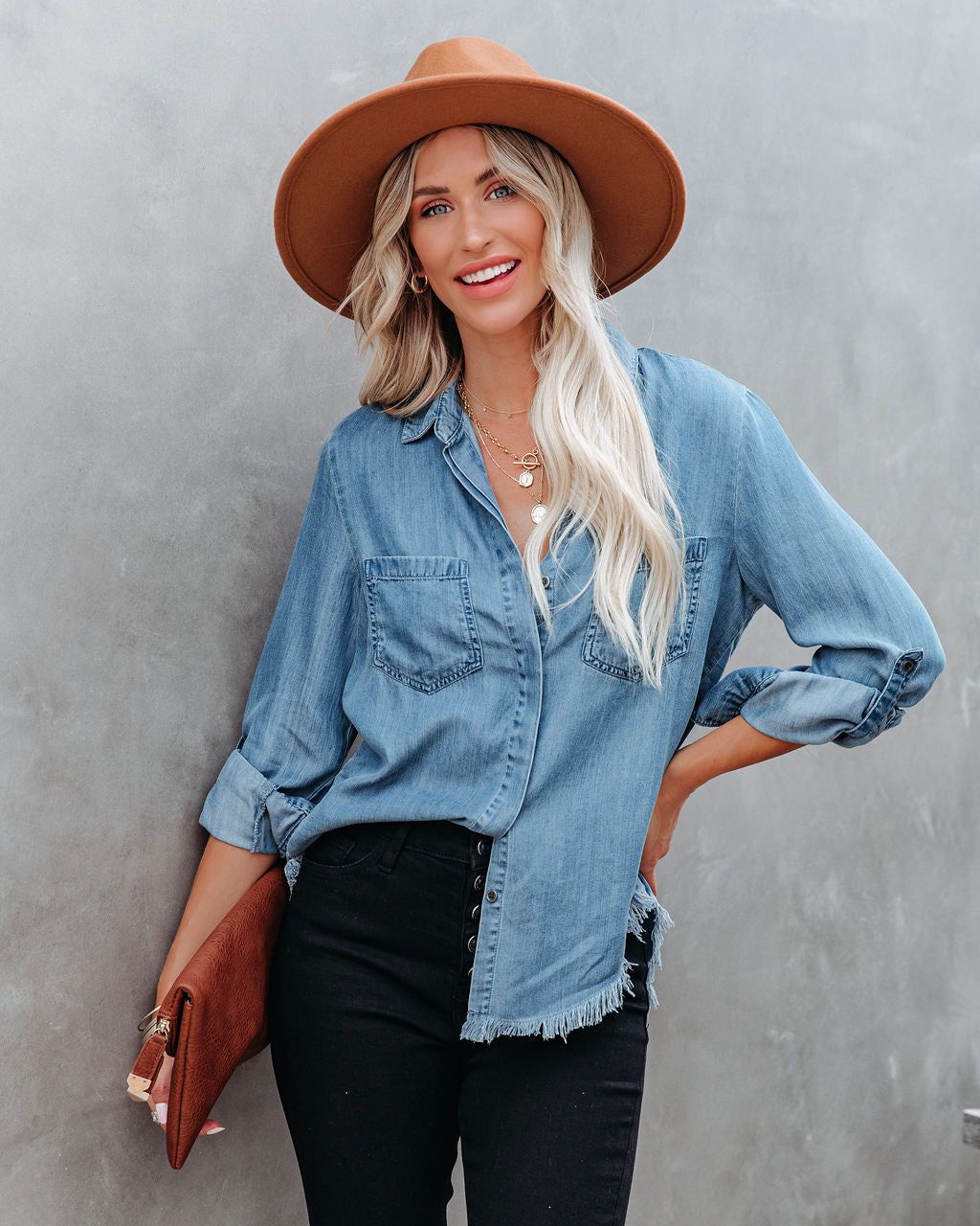 Au Courant Tencel Button Down Frayed Top - Medium Wash - FINAL SALE sold by Vici product image thumbnail 6