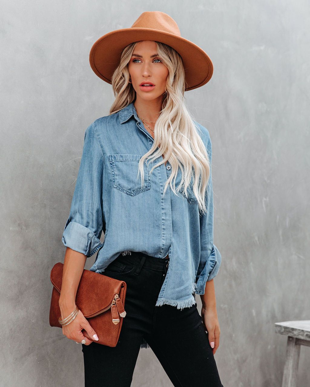 Au Courant Tencel Button Down Frayed Top - Medium Wash - FINAL SALE sold by Vici product image thumbnail 3