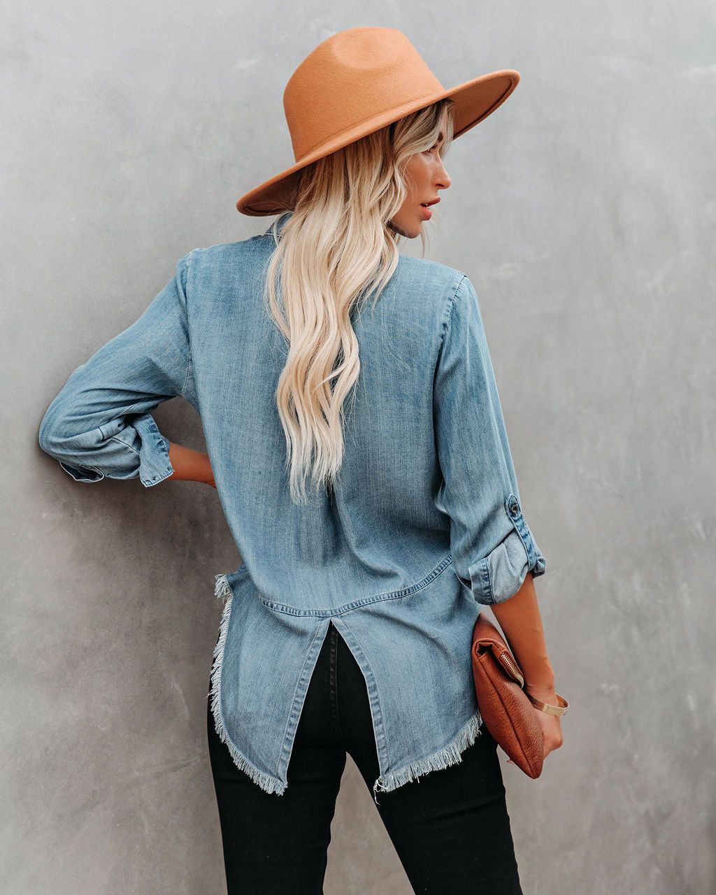 Au Courant Tencel Button Down Frayed Top - Medium Wash - FINAL SALE sold by Vici product image thumbnail 2