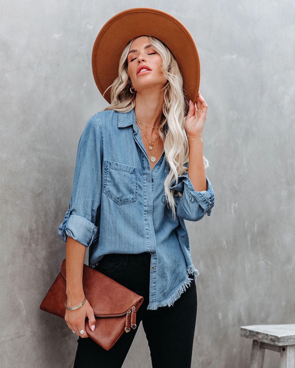 Au Courant Tencel Button Down Frayed Top - Medium Wash - FINAL SALE sold by Vici product image thumbnail 11