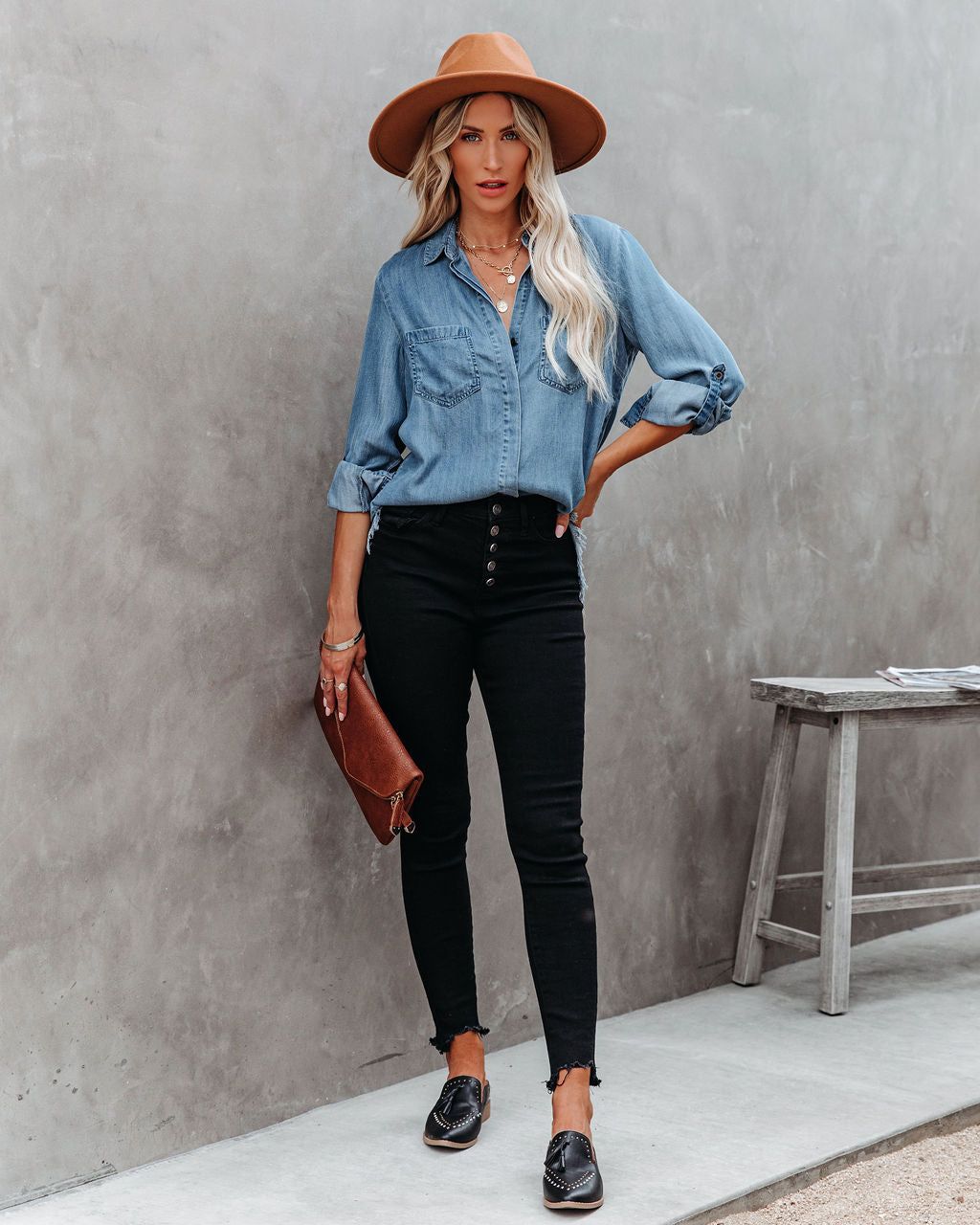 Au Courant Tencel Button Down Frayed Top - Medium Wash - FINAL SALE sold by Vici product image thumbnail 8