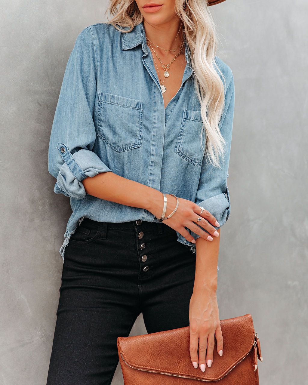 Au Courant Tencel Button Down Frayed Top - Medium Wash - FINAL SALE sold by Vici product image thumbnail 9