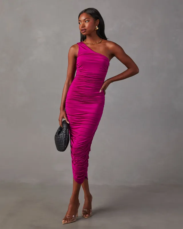 Ella One Shoulder Ruched Midi Dress sold by Vici