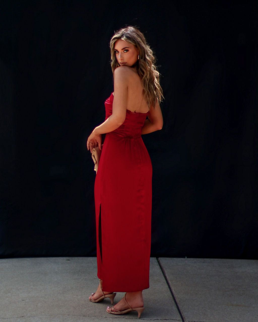 Rinna Satin Ruched Midi Dress - Wine Red - FINAL SALE sold by Vici product image thumbnail 2