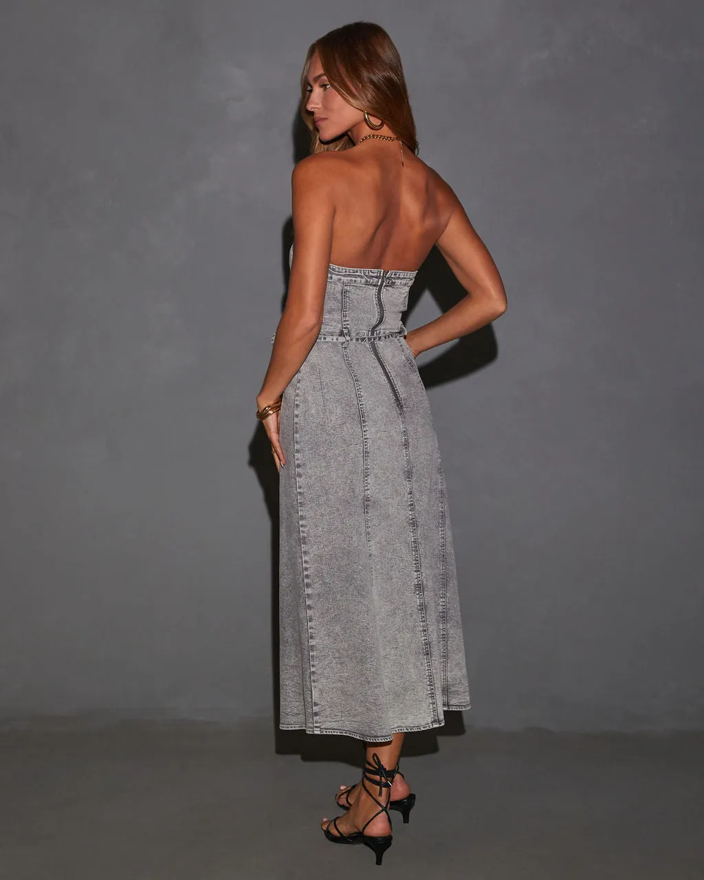 Peggy Button Front Strapless Denim Midi Dress sold by Vici product image thumbnail 4