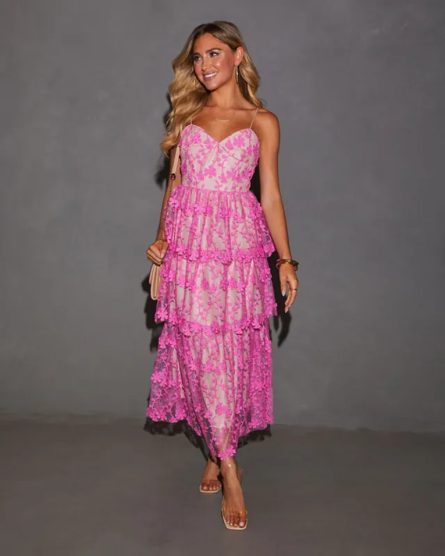 Enchanted Night Tiered Embroidered Midi Dress sold by Vici