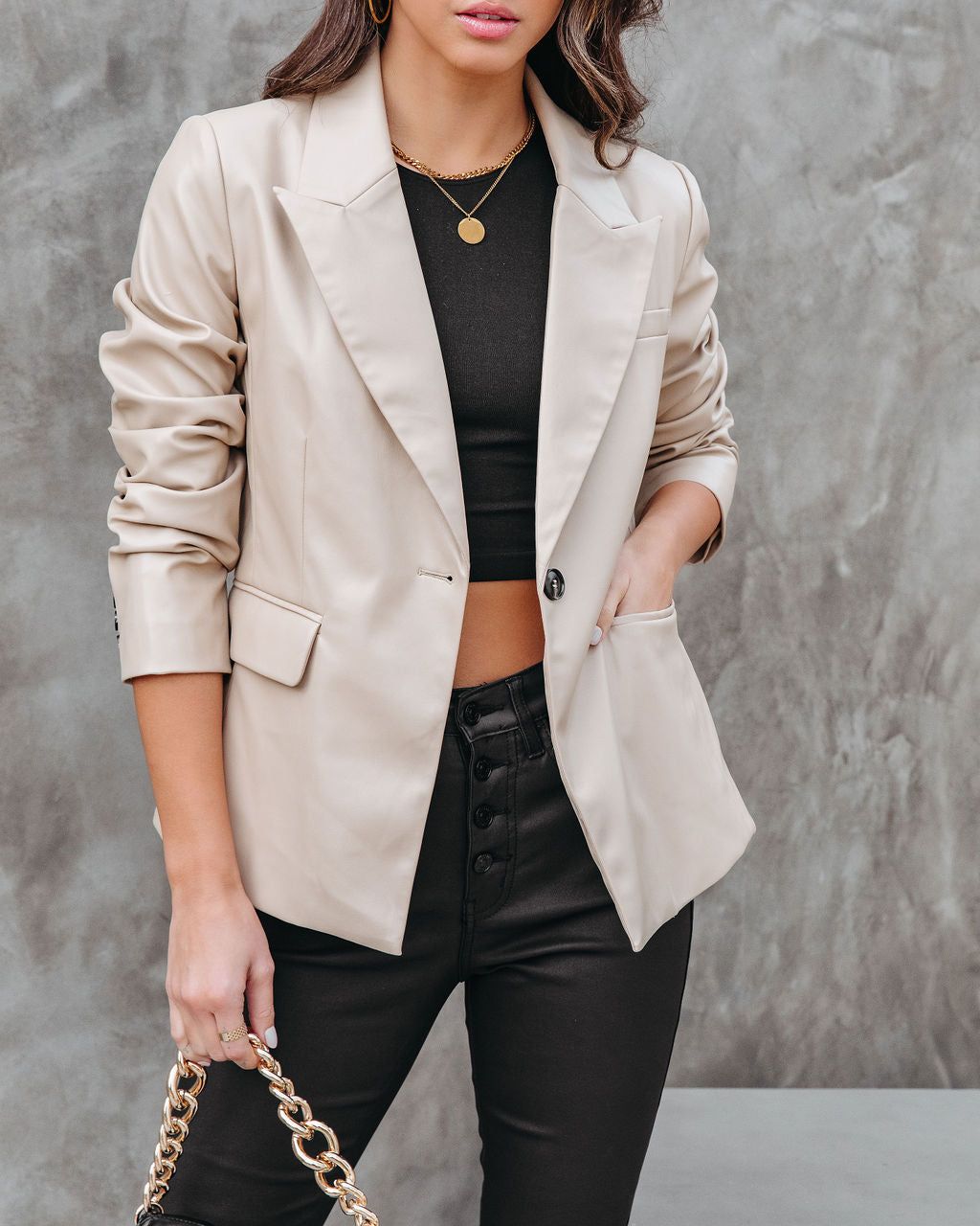 Big City Dreams Faux Leather Pocketed Blazer - Light Taupe - FINAL SALE sold by Vici product image thumbnail 2
