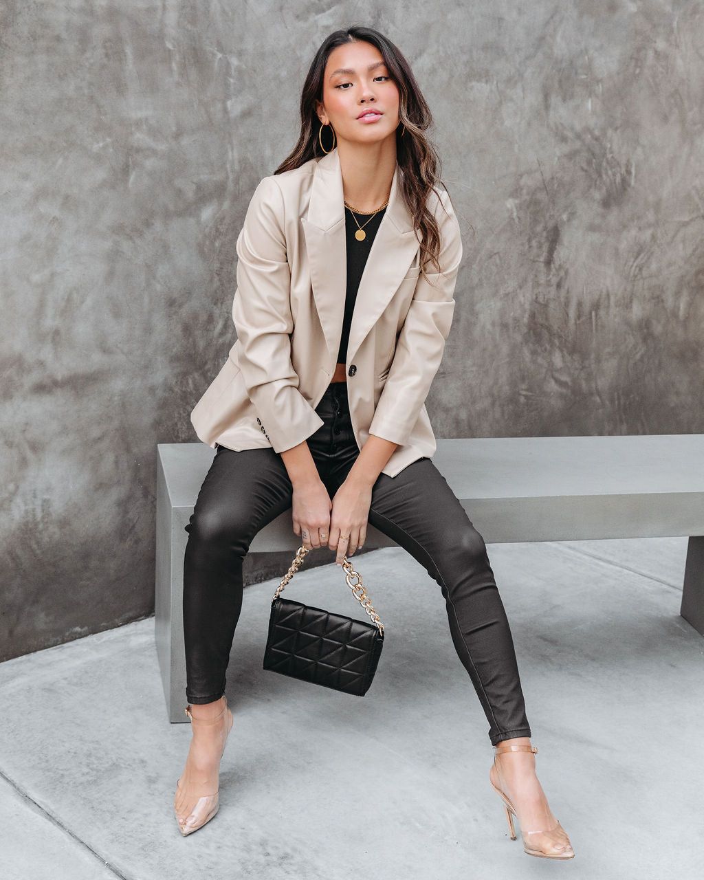 Big City Dreams Faux Leather Pocketed Blazer - Light Taupe - FINAL SALE sold by Vici product image thumbnail 7