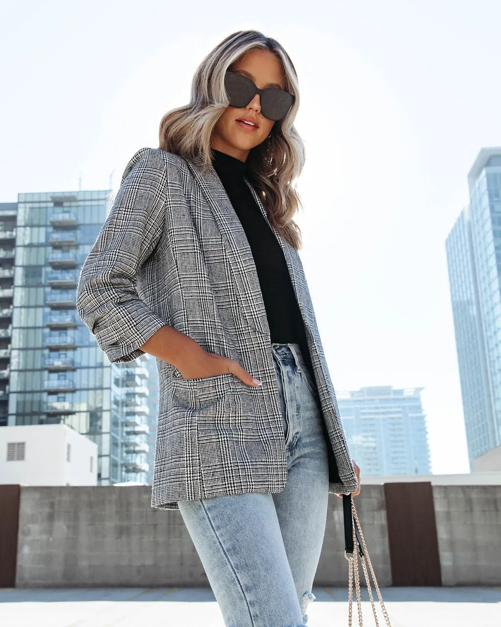 Oxnard Pocketed Houndstooth Blazer sold by Vici