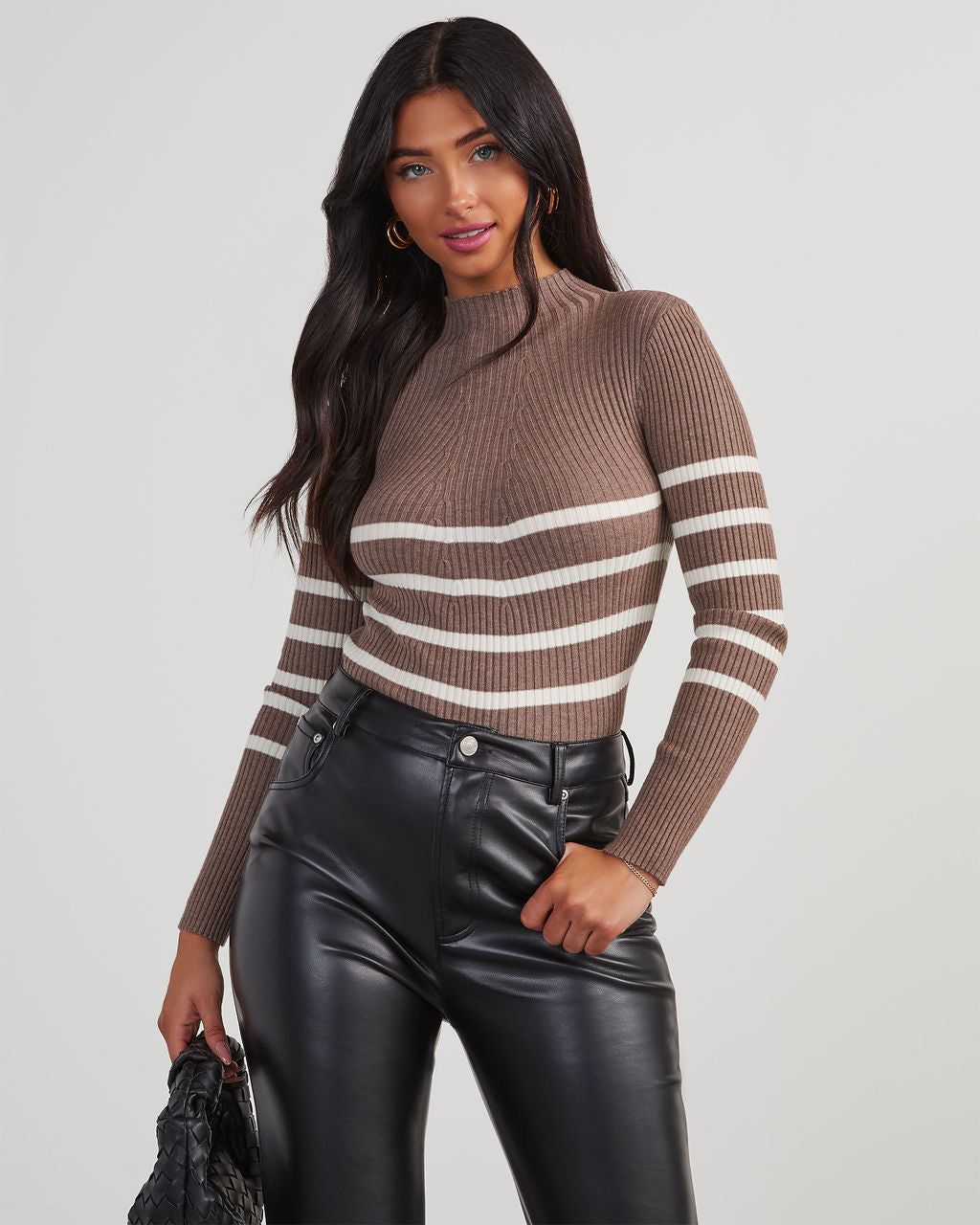 Lizette Mock Neck Striped Sweater - Brown/White sold by Vici product image thumbnail 6
