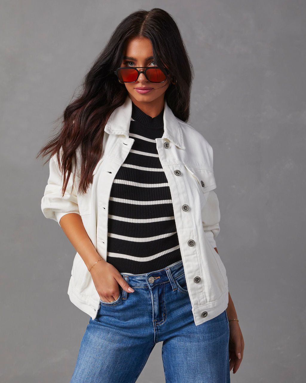 Josie Pocketed Vintage Denim Jacket - White sold by Vici