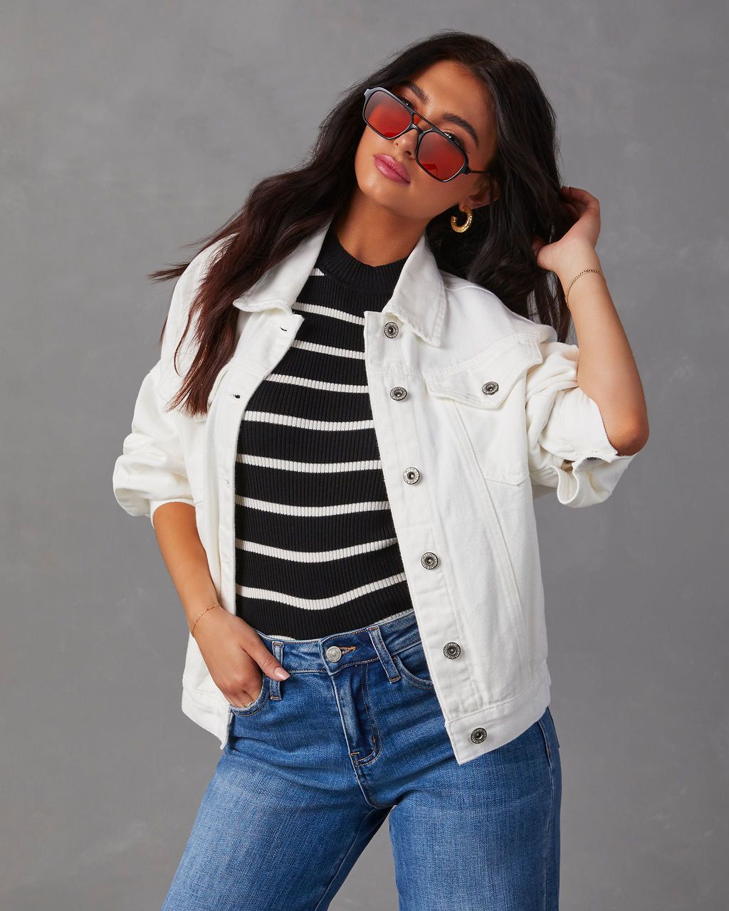 Josie Pocketed Vintage Denim Jacket - White sold by Vici product image thumbnail 5