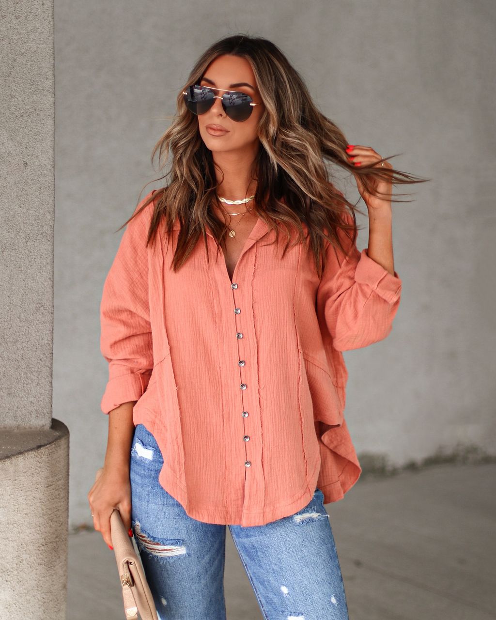 Clarita Cotton Button Down Top - Clay - FINAL SALE sold by Vici product image thumbnail 3