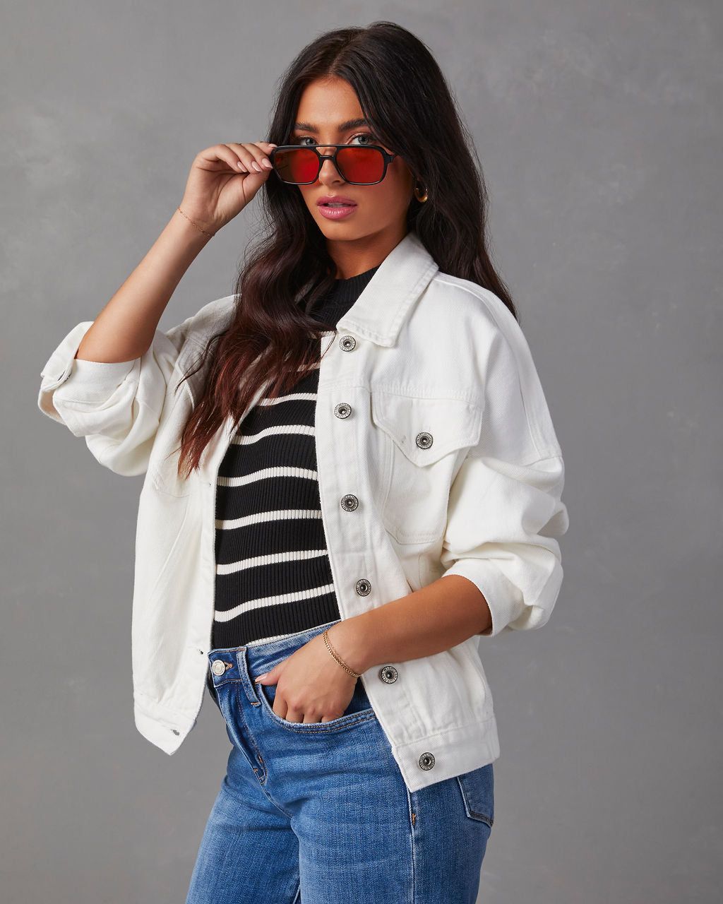 Josie Pocketed Vintage Denim Jacket - White sold by Vici product image thumbnail 3