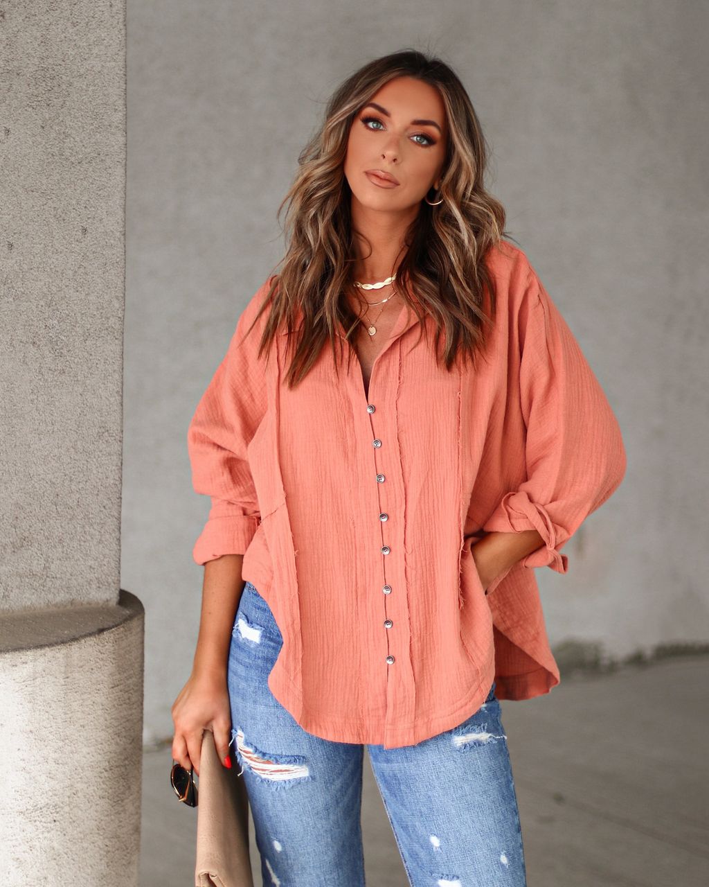 Clarita Cotton Button Down Top - Clay - FINAL SALE sold by Vici
