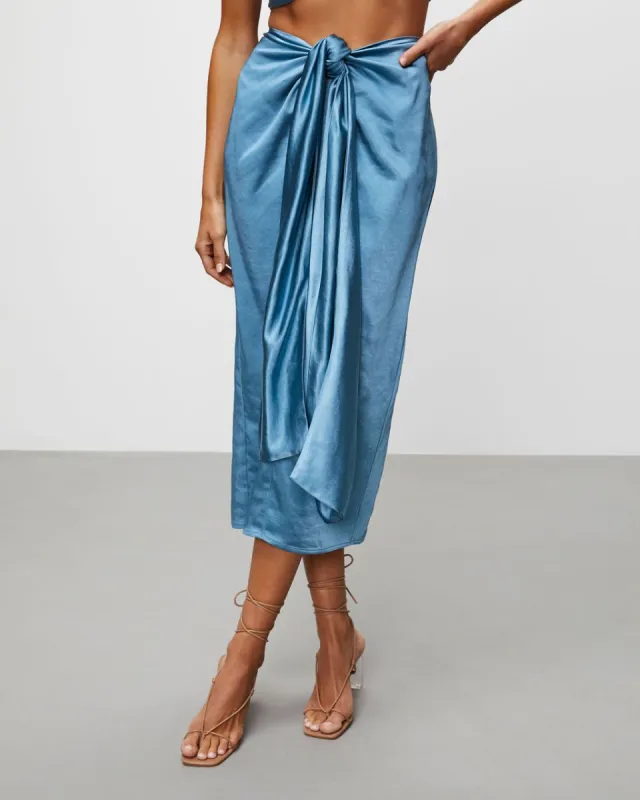 Elenora Satin Front Wrap Midi Skirt - Blue - FINAL SALE sold by Vici