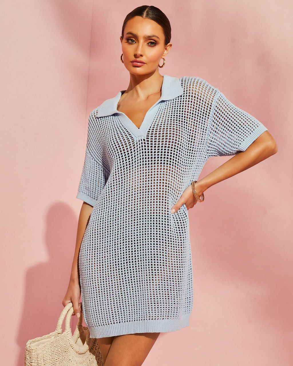 Billy Collared Crochet Cover Up Top - Light Blue - LAST CHANCE sold by Vici product image thumbnail 6