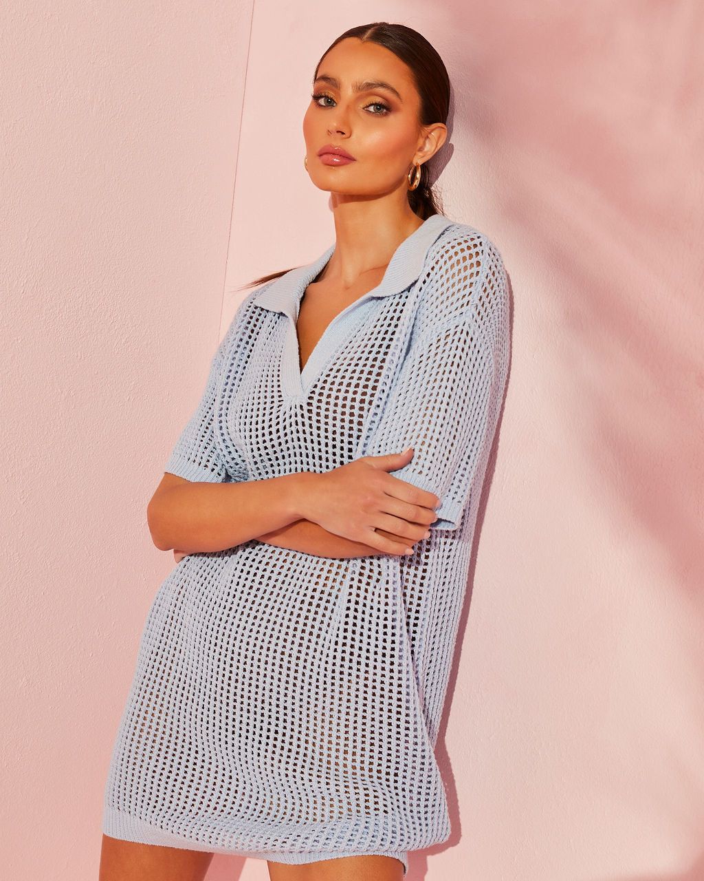 Billy Collared Crochet Cover Up Top - Light Blue - LAST CHANCE sold by Vici product image thumbnail 7