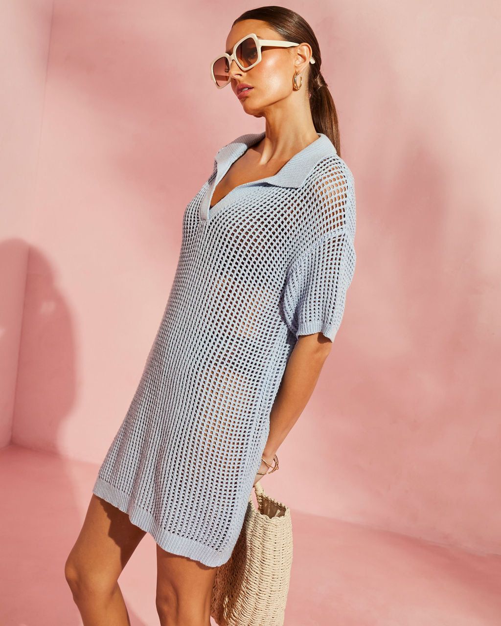 Billy Collared Crochet Cover Up Top - Light Blue - LAST CHANCE sold by Vici product image thumbnail 4