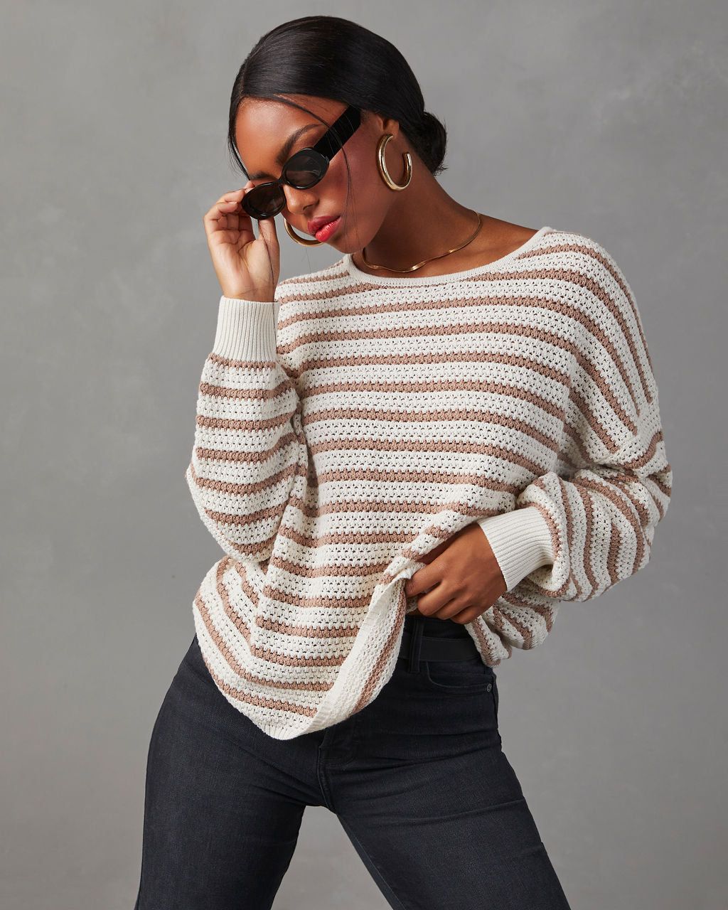 All The Time Striped Pullover Sweater - Taupe/White sold by Vici product image thumbnail 5