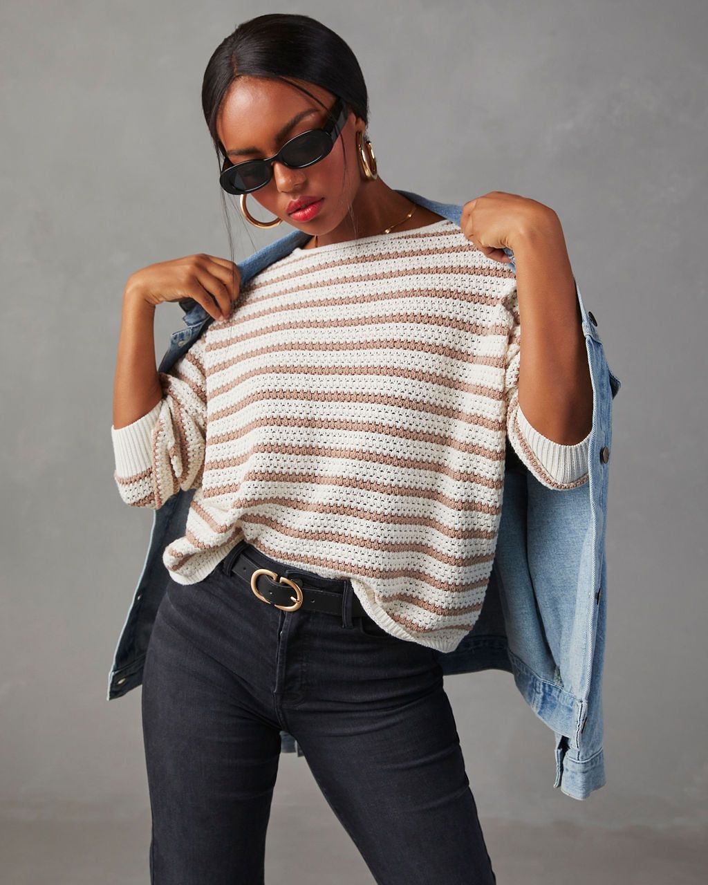 All The Time Striped Pullover Sweater - Taupe/White sold by Vici product image thumbnail 2