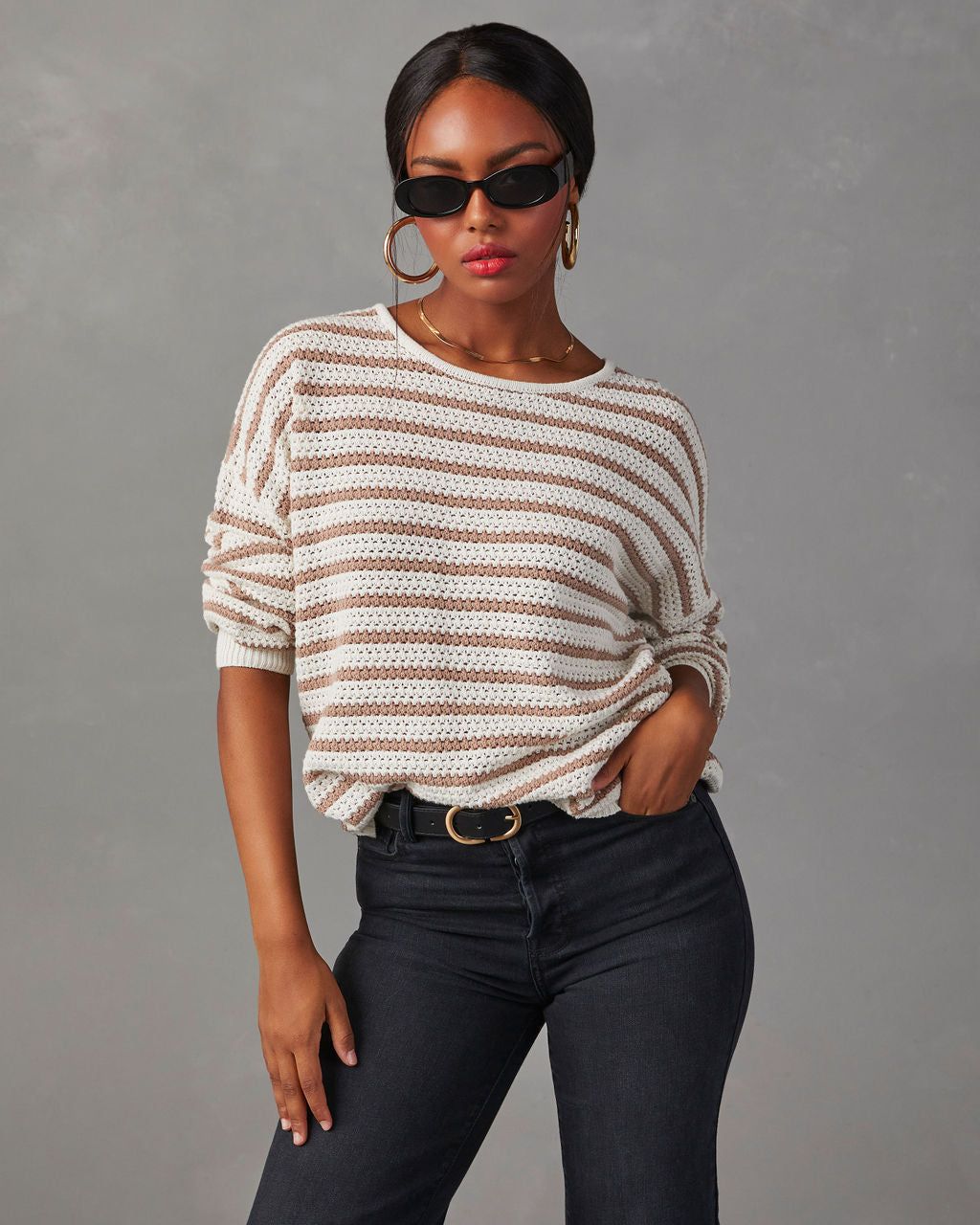 All The Time Striped Pullover Sweater - Taupe/White sold by Vici product image thumbnail 3