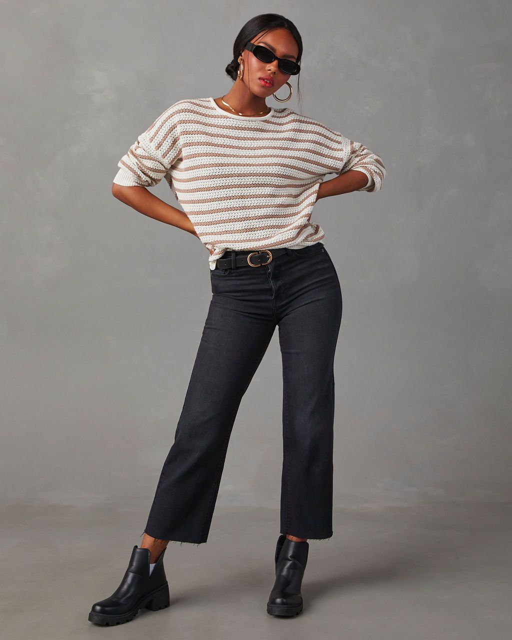 All The Time Striped Pullover Sweater - Taupe/White sold by Vici