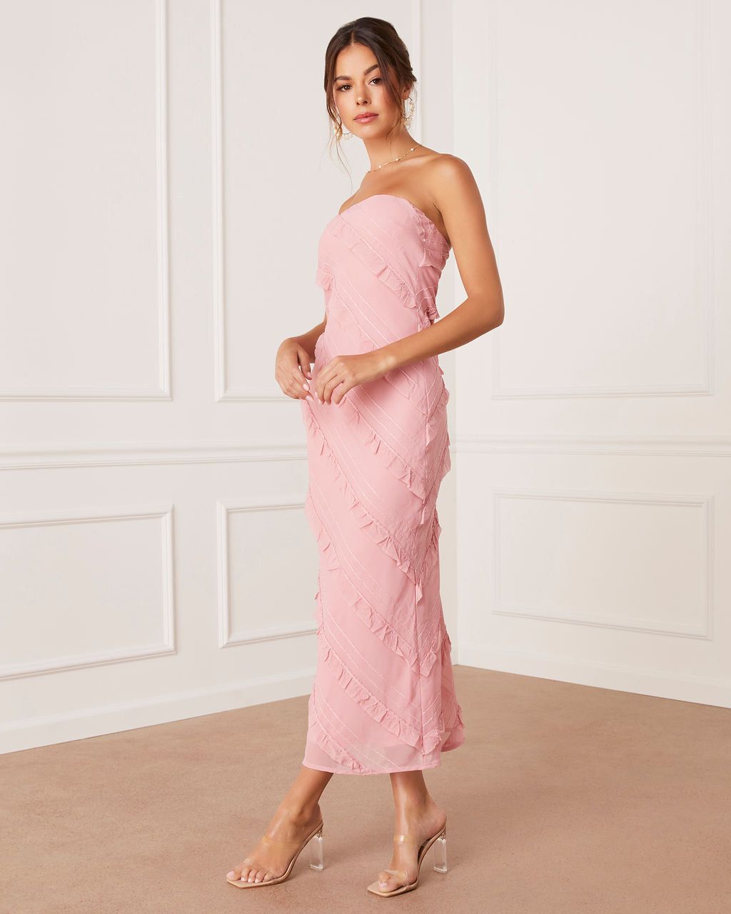 Baylie Strapless Ruffle Stitch Maxi Dress - Pink - SALE sold by Vici product image thumbnail 4