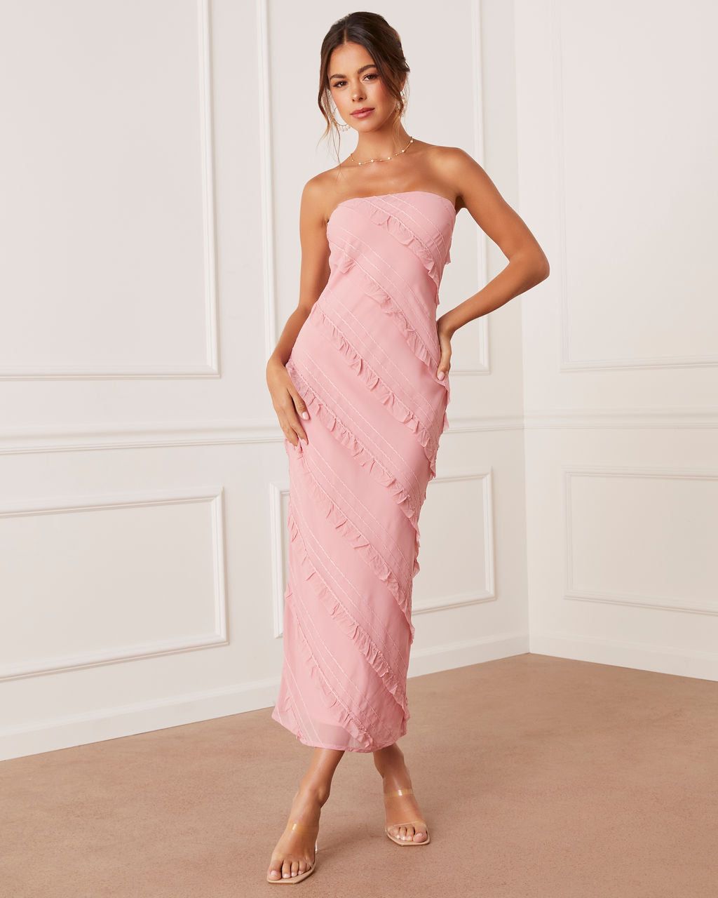 Baylie Strapless Ruffle Stitch Maxi Dress - Pink - SALE sold by Vici